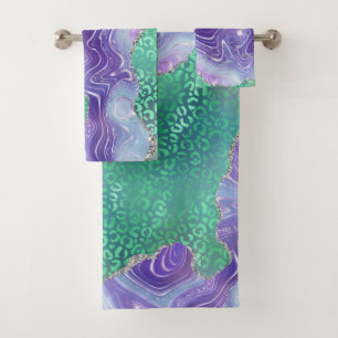 Agate Leopard Print Design Purple and Green Bath Towel Set