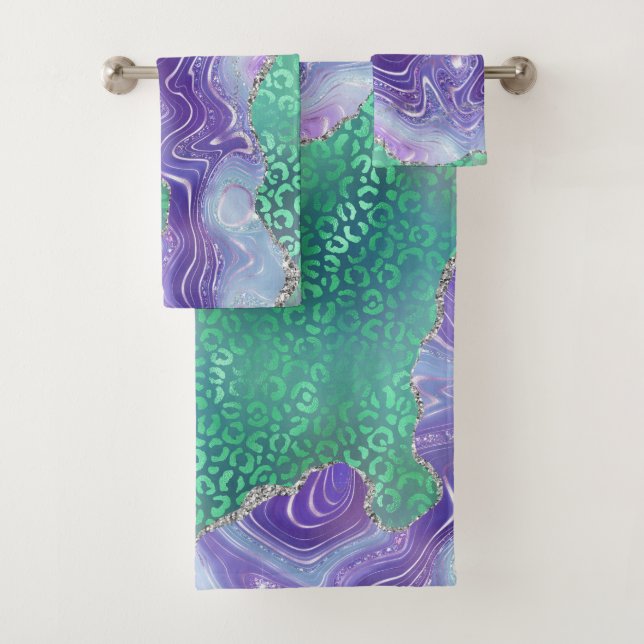 Agate Leopard Print Design Purple and Green Bath Towel Set (Insitu)