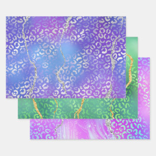 Agate Leopard Print with Glitter and Jewel-Tone Wrapping Paper Sheet