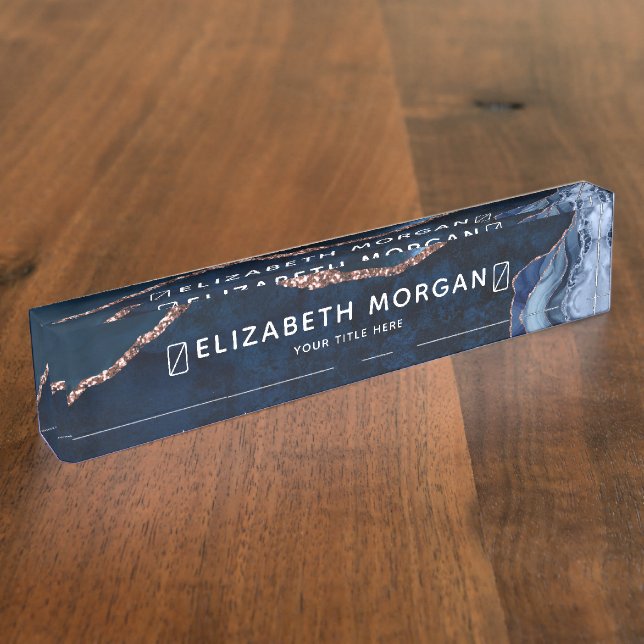 Agate Marble Blue Rose Gold Foil Modern Elegant Nameplate (Side)