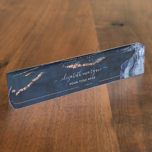 Agate Marble Blue Rose Gold Foil Signature Script Nameplate