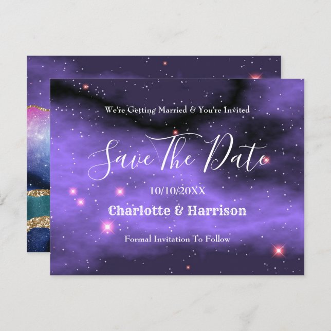 Agate Marble Cosmic Gold Purple Teal Wedding Save The Date (Front/Back)