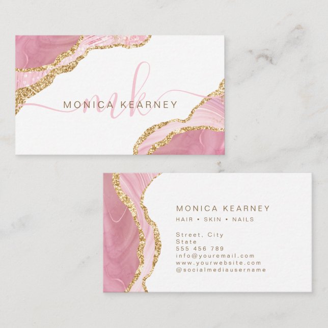 Agate Marble Gold Glitter Monogram Business Card (Front/Back)