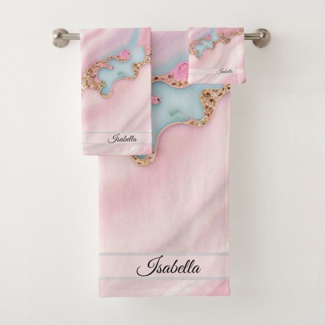 Agate Marble Modern Blue Pink Gold Collection Bath Towel Set (Insitu)