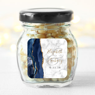 Agate Marble Navy Blue Gold Script Wedding Square Sticker
