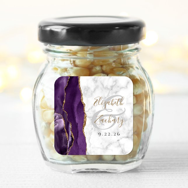 Agate Marble Purple Gold Script Wedding Square Sticker (Creator Uploaded)