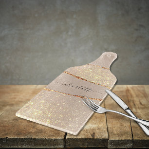Agate marble stone glitter beige gold monogram cutting board