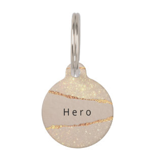 Agate marble stone glitter beige gold monogram pet tag