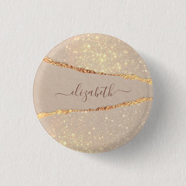 Agate marble stone glitter rose gold name script 3 cm round badge (Front)