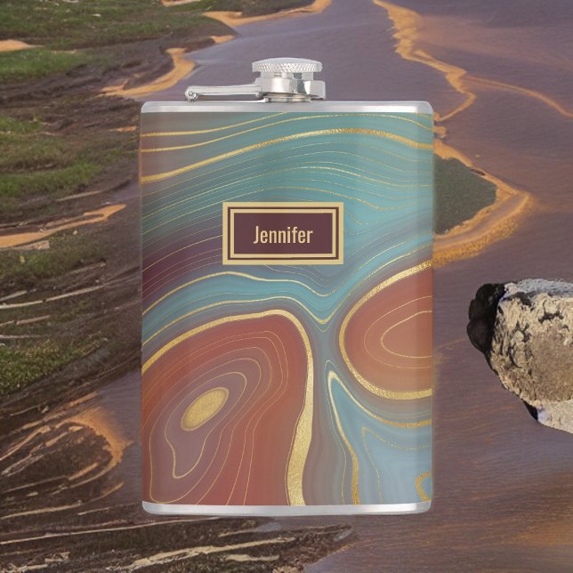 Agate Marble Strata - Burgundy Rust Dusty Aqua Hip Flask (Creator Uploaded)