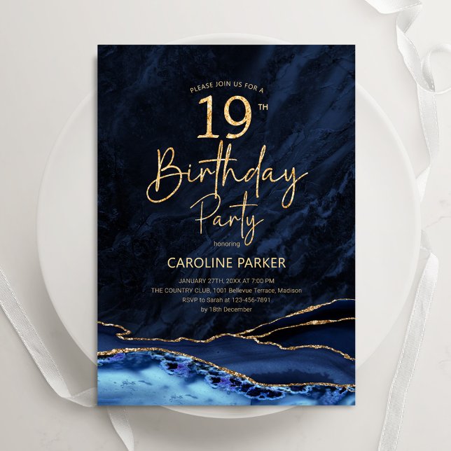 Agate Navy Blue Gold 19th Birthday Invitation (Creator Uploaded)