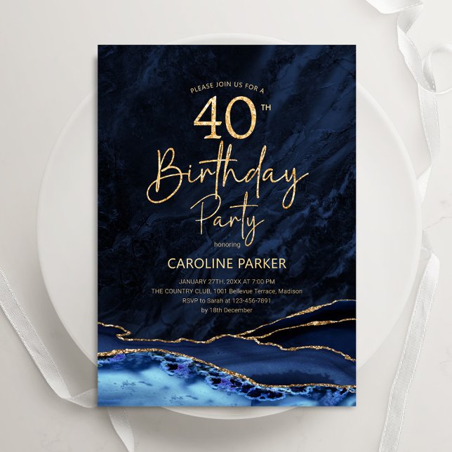 Agate Navy Blue Gold 40th Birthday Invitation (Creator Uploaded)