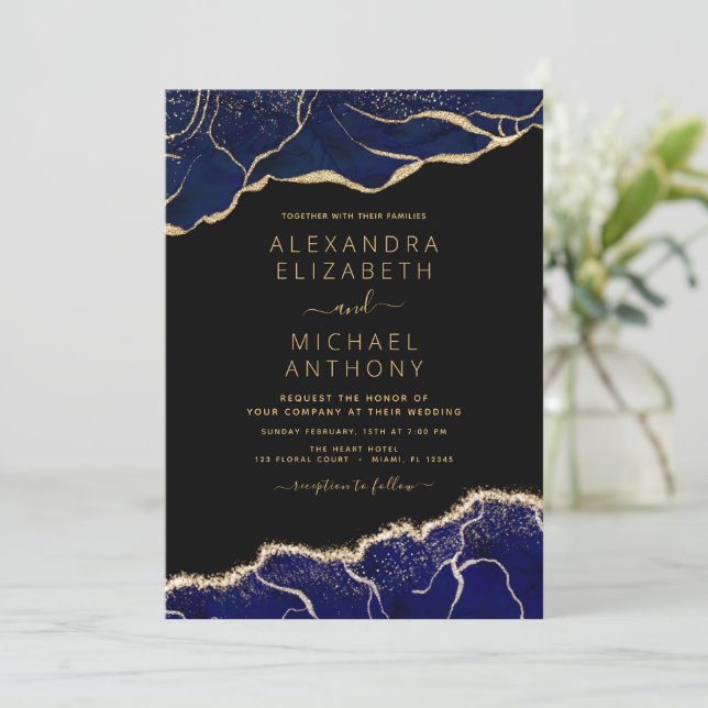 Agate Navy Blue Gold Blue Wedding Invitation (Standing Front)