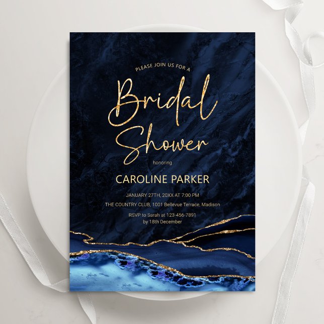Agate Navy Blue Gold Bridal Shower Invitation (Creator Uploaded)
