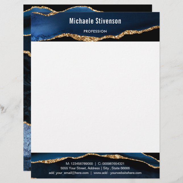 Agate Navy Blue Gold Custom Name Info Letterhead (Front/Back)