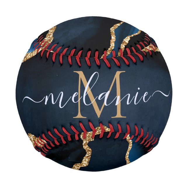 Agate Navy Blue Gold Custom Name Letter Baseball (Back)
