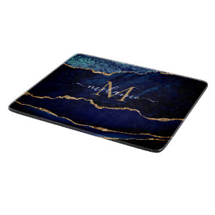 Agate Navy Blue Gold Gemstone Marble Custom Name Cutting Board