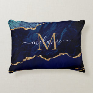 Agate Navy Blue Gold Gemstone Marble Custom Name Decorative Cushion