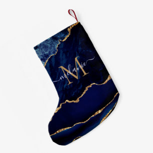 Agate Navy Blue Gold Gemstone Marble Custom Name Small Christmas Stocking