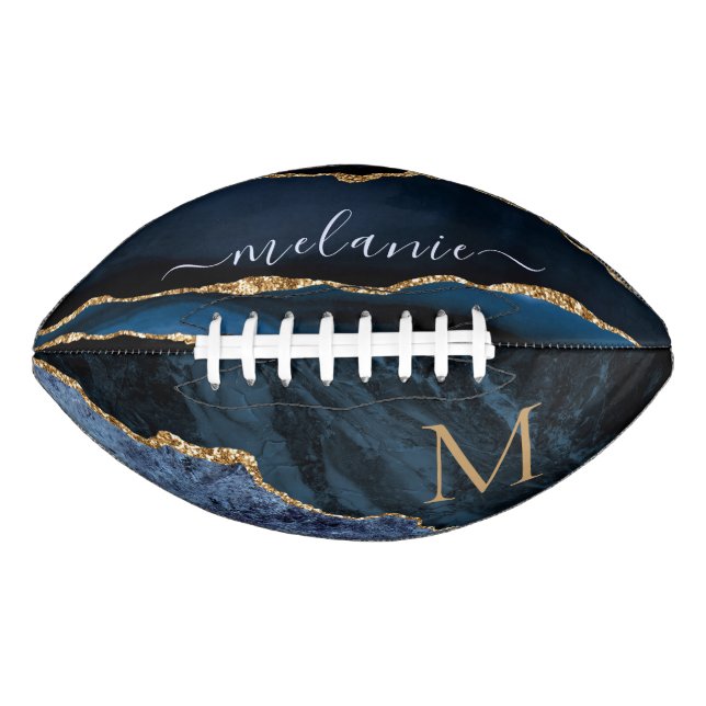 Agate Navy Blue Gold Gemstone Marble Monogram Football (Front)