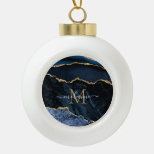 Agate Navy Blue Gold Gemstone Marble Monogram Name Ceramic Ball Christmas Ornament