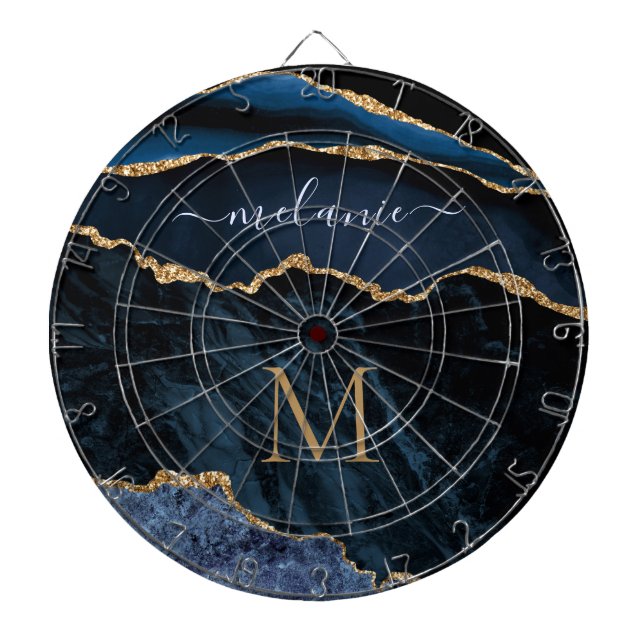 Agate Navy Blue Gold Gemstone Marble Monogram Name Dartboard (Front)