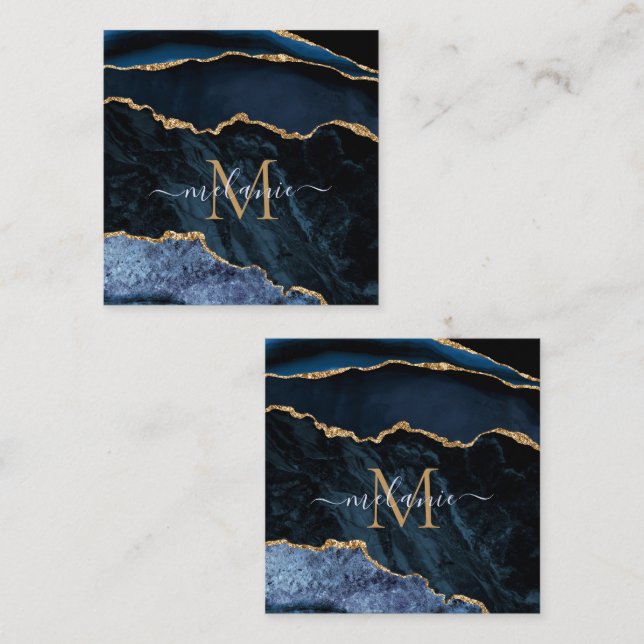 Agate Navy Blue Gold Gemstone Marble Monogram Name Discount Card (Front/Back)
