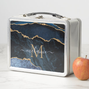 Agate Navy Blue Gold Gemstone Marble Monogram Name Metal Lunch Box
