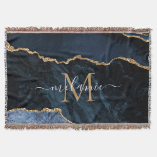 Agate Navy Blue Gold Gemstone Marble Monogram Name Throw Blanket