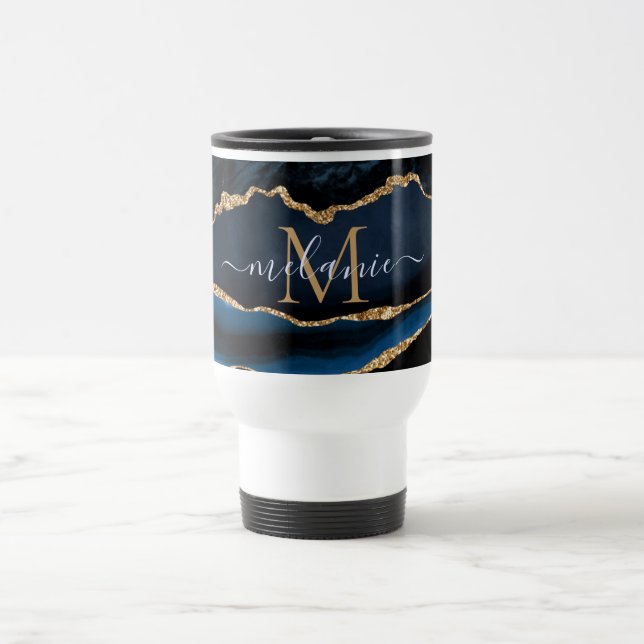 Agate Navy Blue Gold Gemstone Marble Monogram Name Travel Mug (Center)