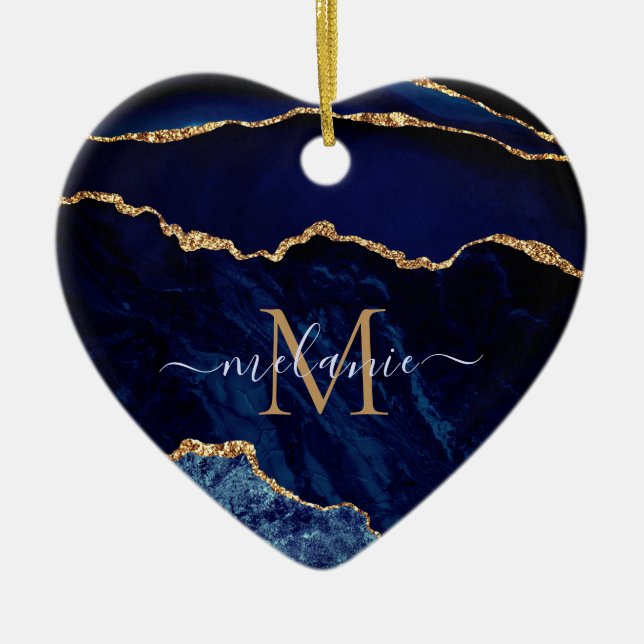 Agate Navy Blue Gold Gemstone Marble Your Name Ceramic Tree Decoration (Front)
