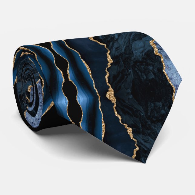 Agate Navy Blue Gold Geode Marble Elegant Neck Tie (Rolled)