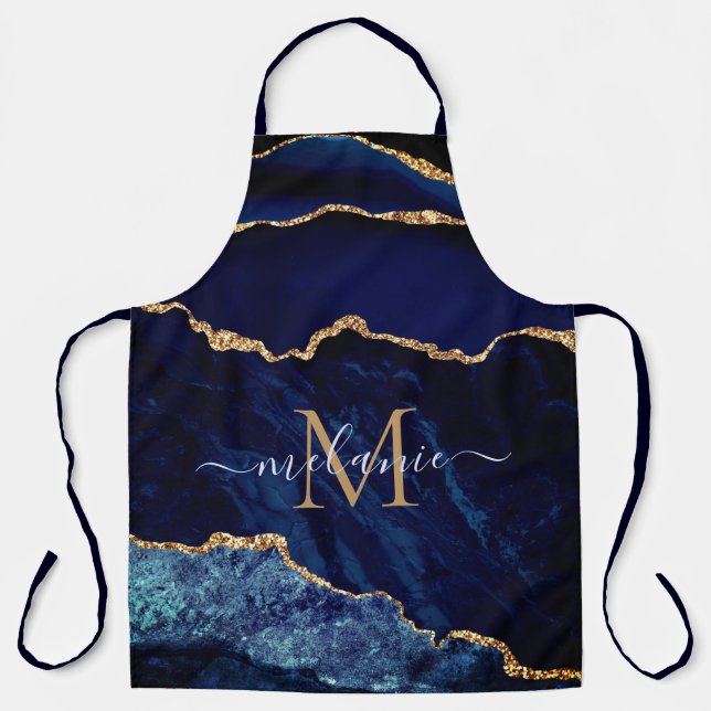 Agate Navy Blue Gold Geode Monogram Name Apron (Front)