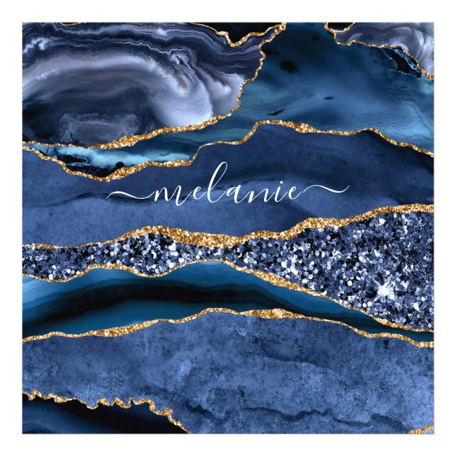 Agate Navy Blue Gold Glitter Gemstone Custom Name Photo Print (Front)