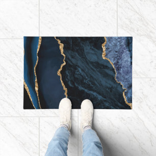 Agate Navy Blue Gold Glitter Geode Marble Doormat
