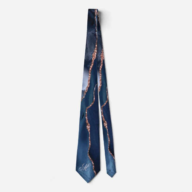 Agate Navy Blue Gold Glitter Luxury Monogram Tie (Front)