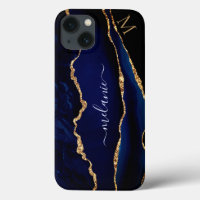 Agate Navy Blue Gold Glitter Monogram iPhone Case