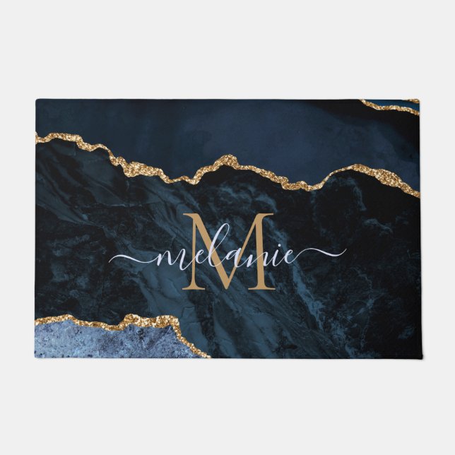 Agate Navy Blue Gold Glitter Name Monogram Doormat (Front)