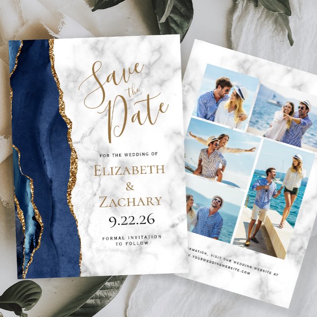 Agate Navy Blue Gold Marble 5-Photo Save the Date Invitation (Creator Uploaded)