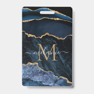 Agate Navy Blue Gold Marble Custom Name Badge ID Badge
