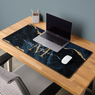 Agate Navy Blue Gold Marble Custom Name Letter Desk Mat