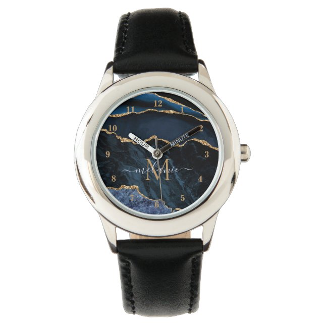 Agate Navy Blue Gold Marble Custom Name Watch (Front)
