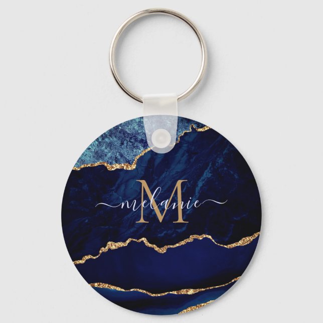 Agate Navy Blue Gold Marble Monogram Name Keychain (Front)