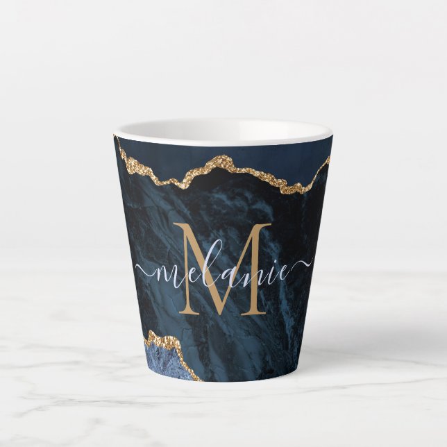 Agate Navy Blue Gold Marble Name Letter Latte Mug (Front)