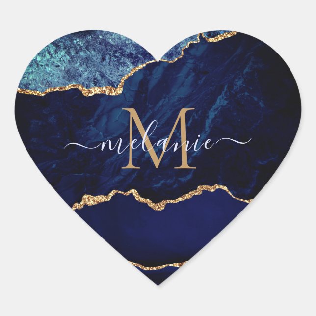 Agate Navy Blue Gold Marble Name Letter Sticker (Front)