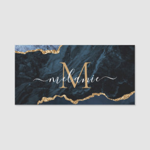 Agate Navy Blue Gold Marble Name Tag with Letter