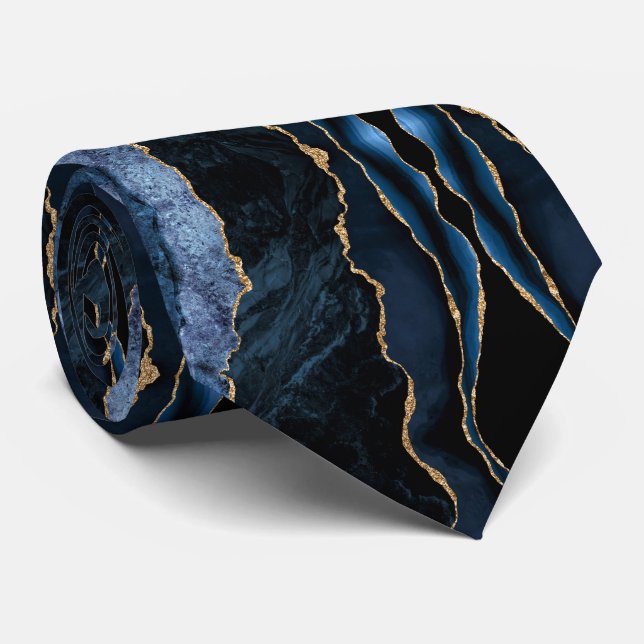 Agate Navy Blue Gold Marble Sparkle Neck Tie (Rolled)
