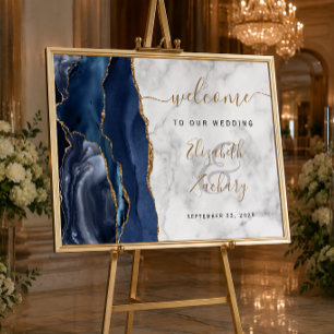 Agate Navy Blue Gold Marble Wedding Welcome Poster