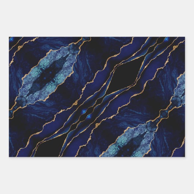 Agate Navy Blue Gold Marble Wrapping Paper Sheets (Front 3)