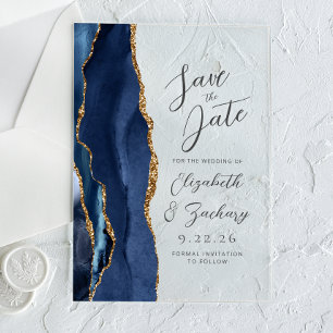 Agate Navy Blue Gold Modern Script Wedding Acrylic Invitations